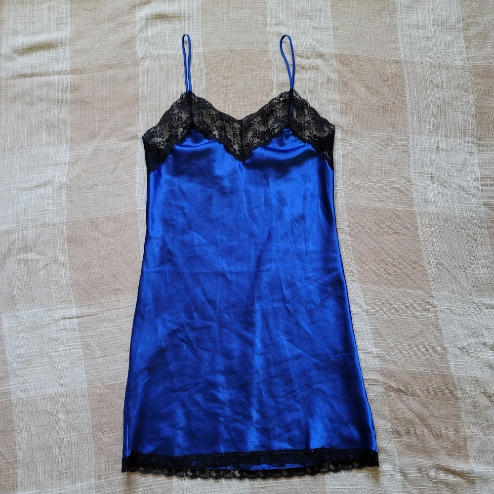 Vintage Mobwife Rave Festival Vampire Operacore Sapphire Blue Mini Slip Dress - Picture 2 of 9